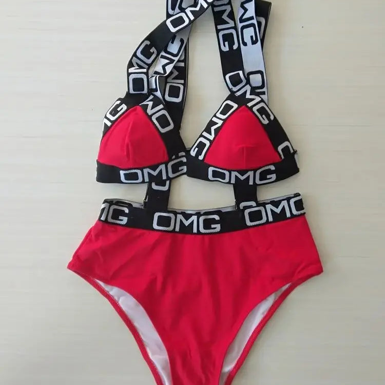 Neon Women Swimsuit Push Up Bikini Swimwear High Waist Bathing Suit OMG Letter Print One Piece Monokini Beachwear Swimsuit