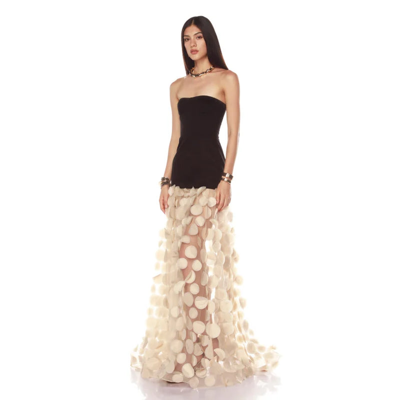 2025 Summer Black Strapless Apricot Hound Piece See-through Long Dress Hem Celebrity Birthday Party Dress Wedding Party Vestido