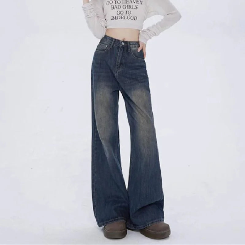 Autumn Winter New Women's High-waisted Jeans American Retro Wide Leg Denim Pants Ladies Fashion Versatile Y2k Baggy Jeans Woman blue gray