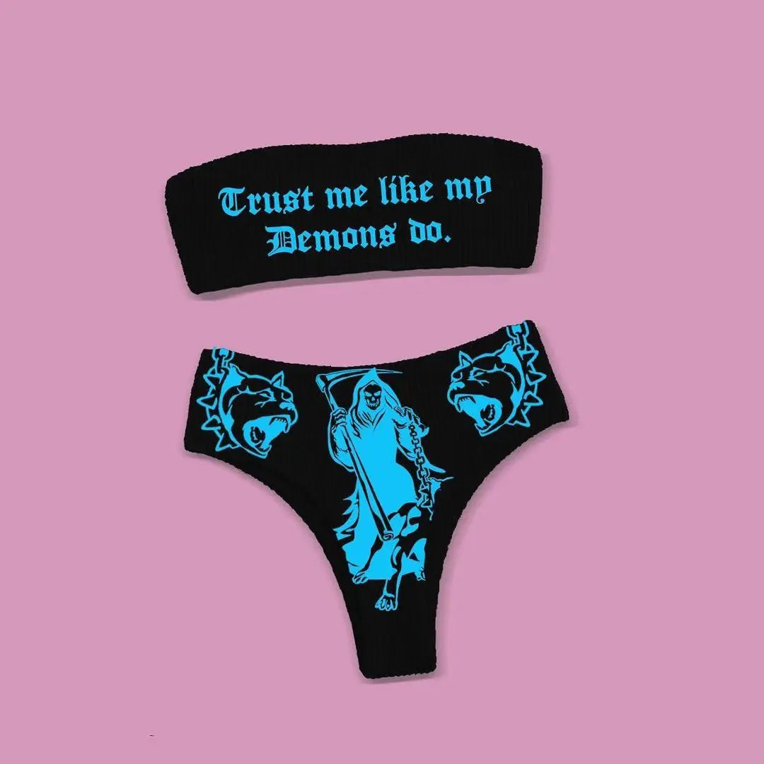 Sexy Goth Bikini 2023 Women Letters Skull Print Swimsuit Split Bathing Suit High Waist Gothic Bikinis Sets Beach Outfits 9