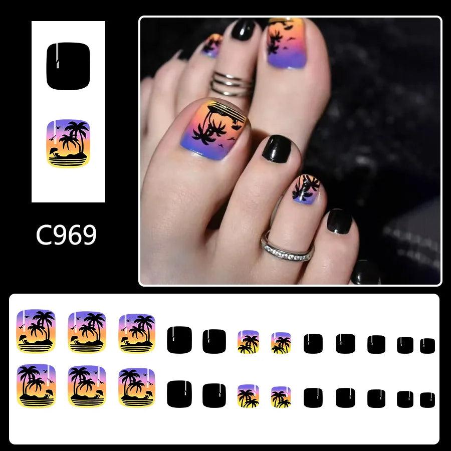 24pcs Summer Beach False Toenails Blue French Square Fake Toenails Wearable Coconut Trees Shell Print Press on Nails for Toe