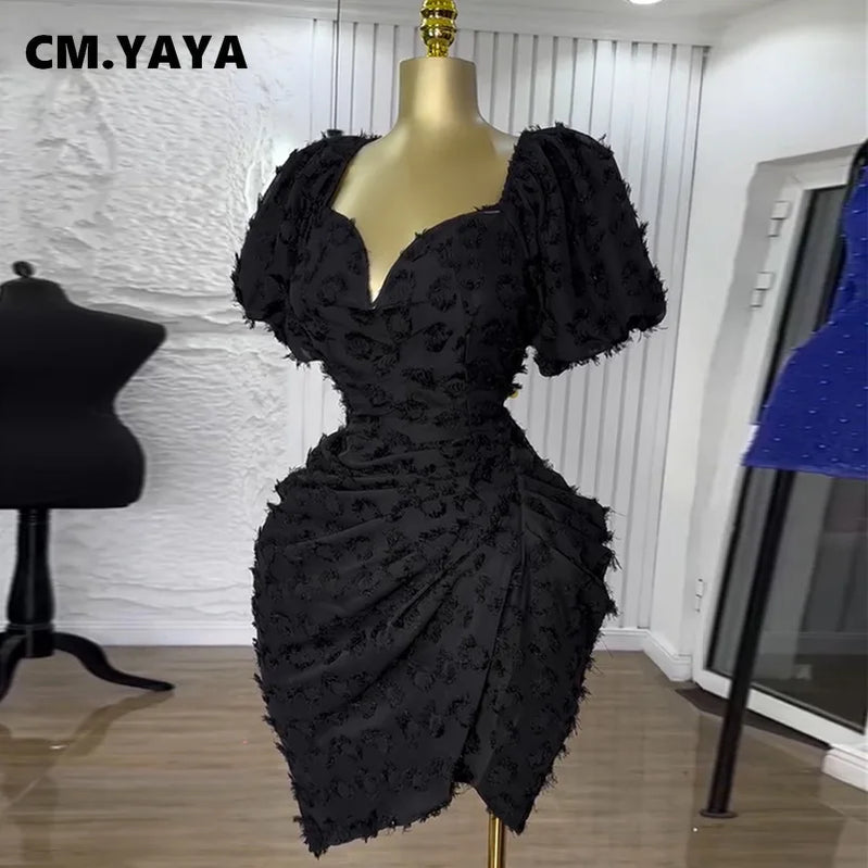 CM.YAYA Summer Women Lantern Short Sleeve Side Split Ruched Midi Mini Dress 2025 Fashion Sexy Night Club Party Dresses Vestidos