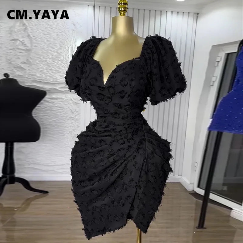 CM.YAYA Summer Women Lantern Short Sleeve Side Split Ruched Midi Mini Dress 2025 Fashion Sexy Night Club Party Dresses Vestidos