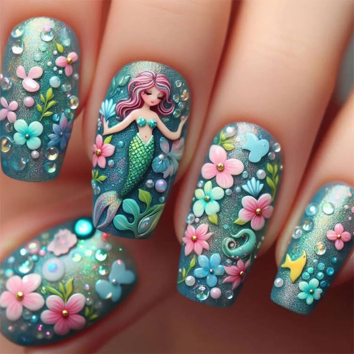 24pcs/set Medium long fake nails square ballet tips flowers butterfly for spring summer season blue green press on false nail