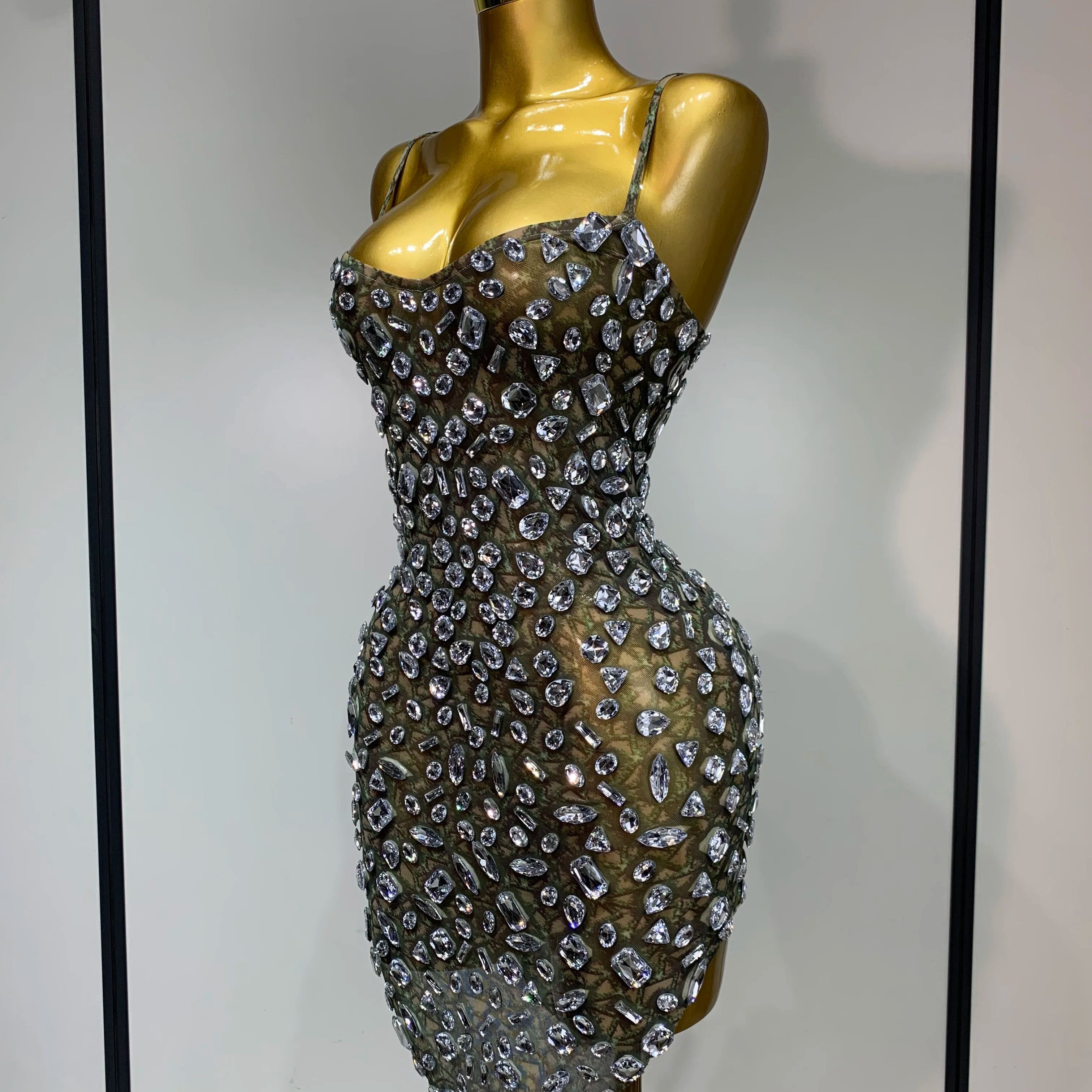 Luxury Diamond Mesh See Through Stretch Bodycon Dress Women Sexy Sleeveless Evening Party Birthday Celebrate Perform Costume