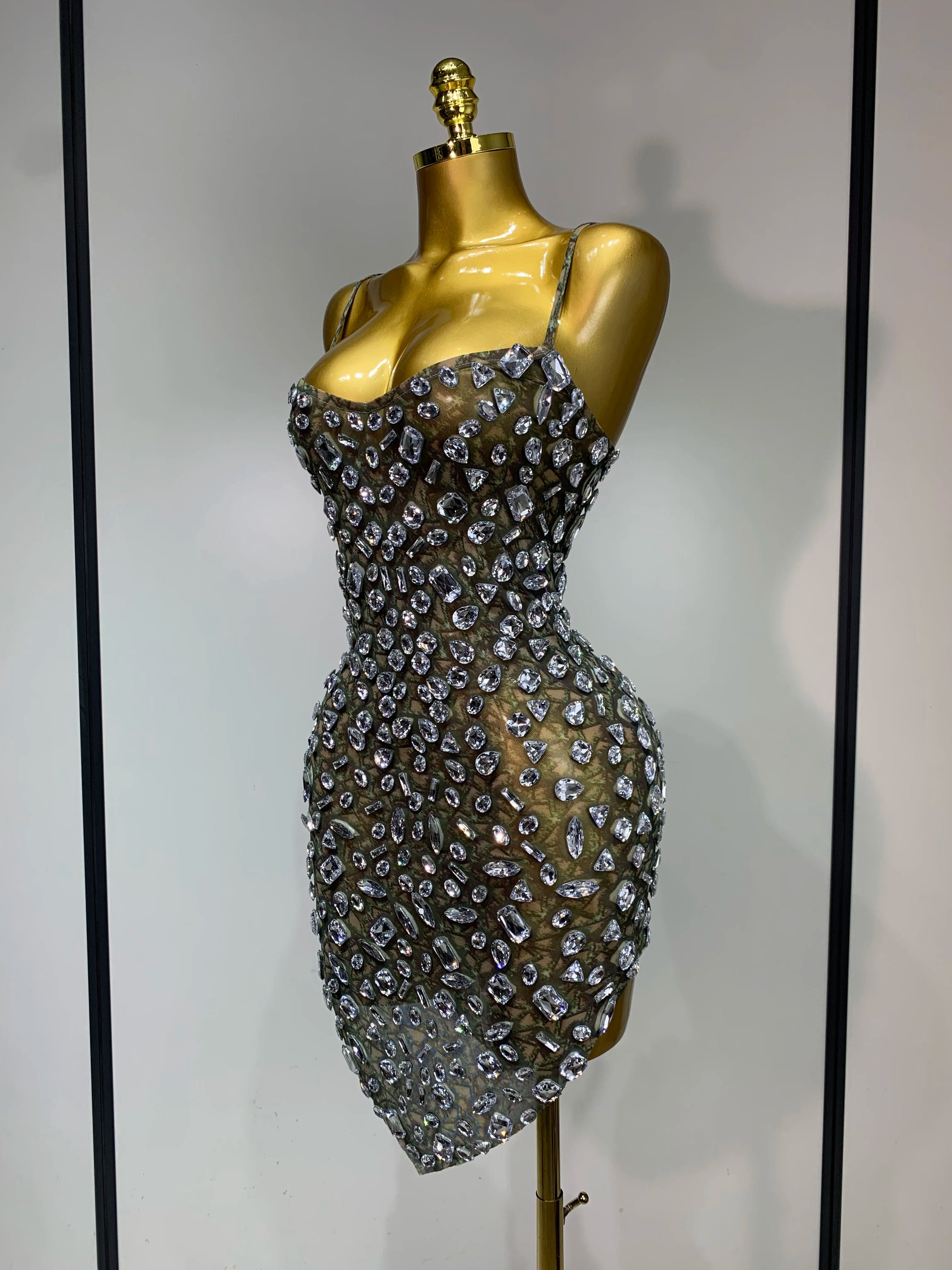 Luxury Diamond Mesh See Through Stretch Bodycon Dress Women Sexy Sleeveless Evening Party Birthday Celebrate Perform Costume