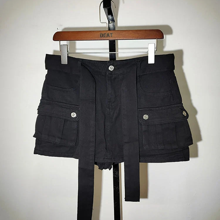 DEAT Fashion Belt Bandage Denim Mini Skirt Women Patchwork Pocket Cargo Wrap Hip Skirts Female Trend Spring New 11XX01119 Black