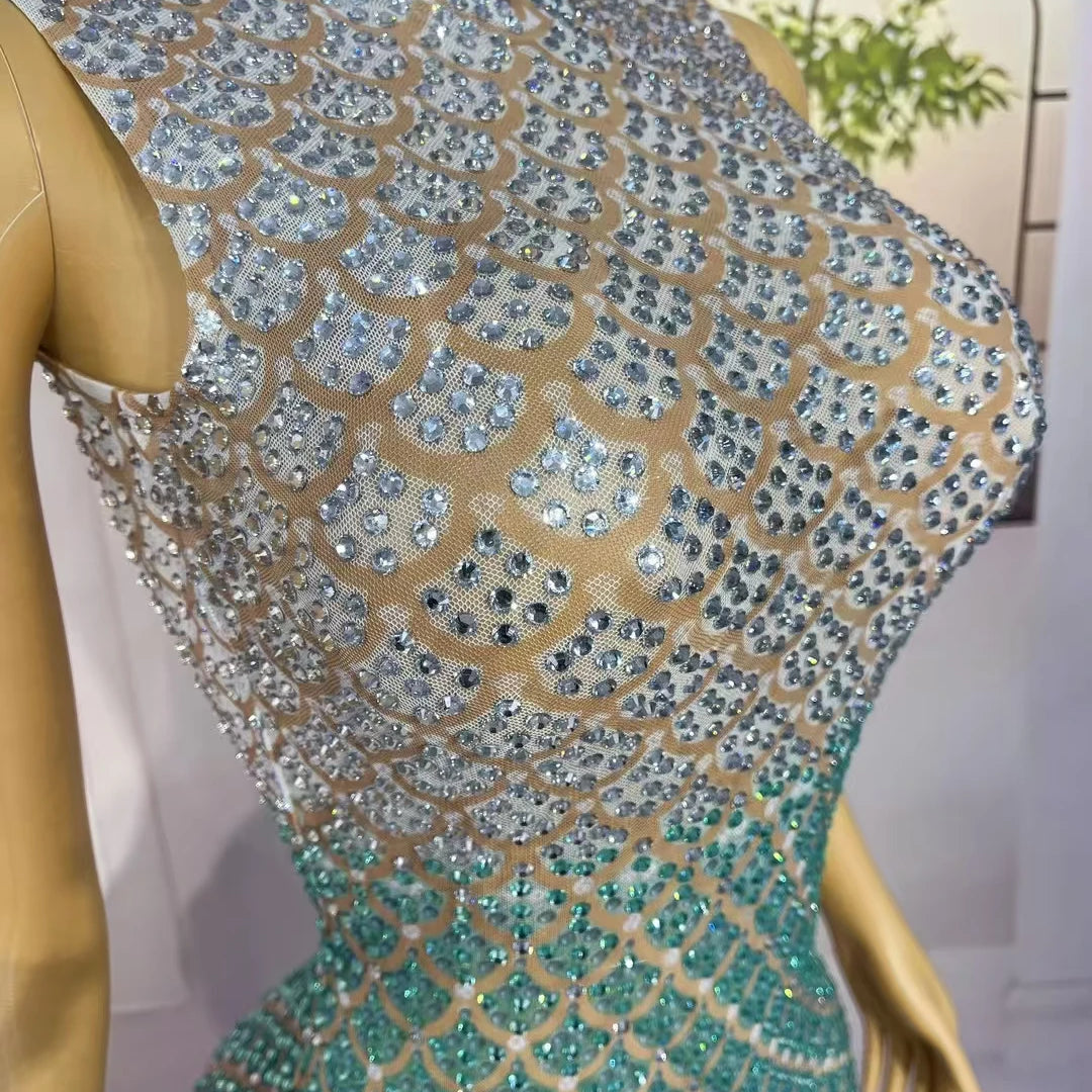 Trendy Gradient Sparkling Crystal  Sheer Mesh Long Dress Sexy High-end Skinny Evening Dress Birthday Night Party Outfit Qingshe