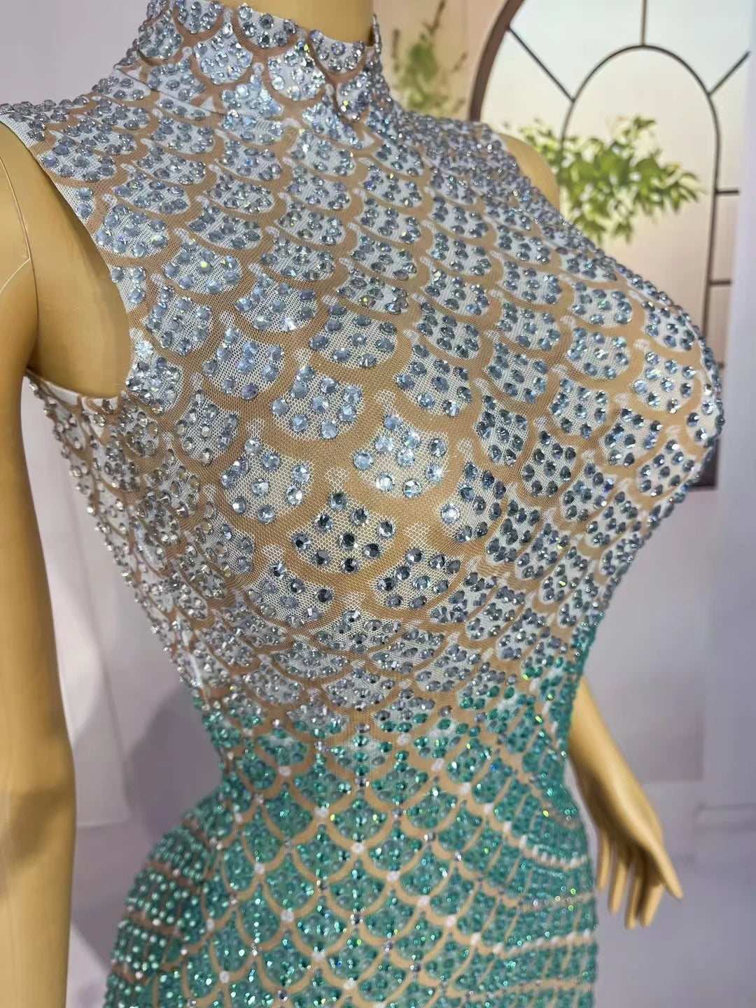 Trendy Gradient Sparkling Crystal  Sheer Mesh Long Dress Sexy High-end Skinny Evening Dress Birthday Night Party Outfit Qingshe