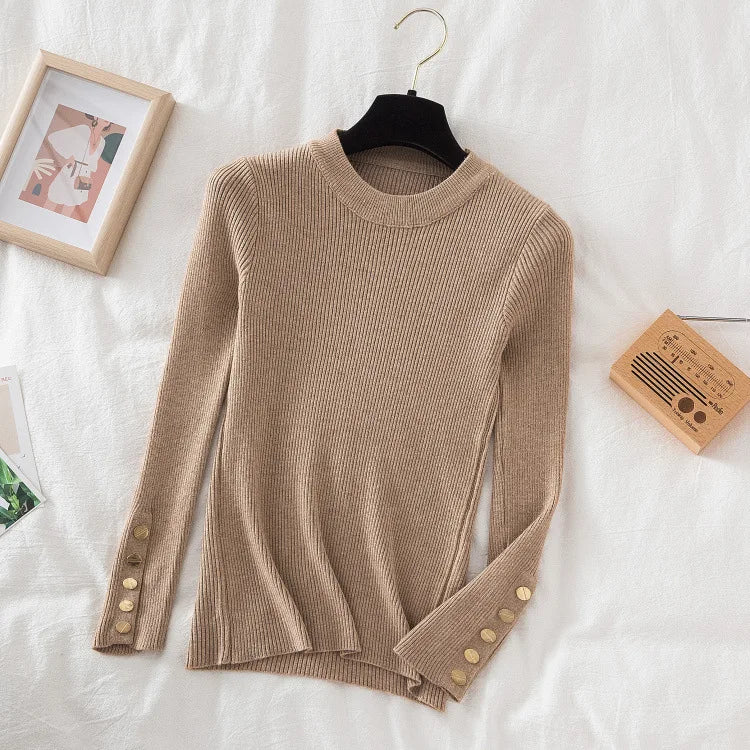 Thick Sweater Pullovers Long Sleeve Tops Women Autumn Winter Clothes Slim Knit Soft Jumper Streetwear Button Turtleneck Sweater khaki-2 One Size