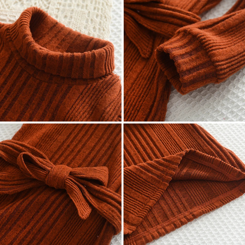 Girls' Woolen Dress New Children's Autumn Winter New High Neck Flying Sleeve Lace up Knitted Long Sleeve Dress