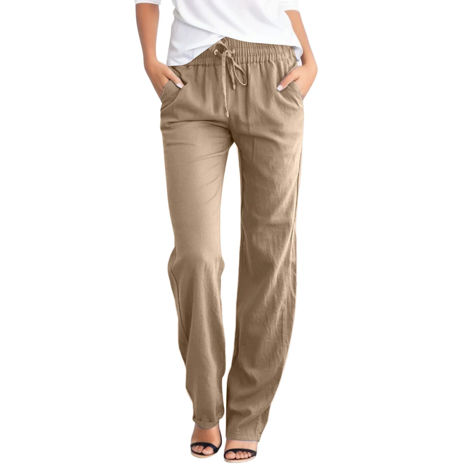 Solid Casual Straight Pants Elastic Waist Drawstring Long Pants Loose Daily Versatile Women Pants Retro Women Casual Trousers Khaki