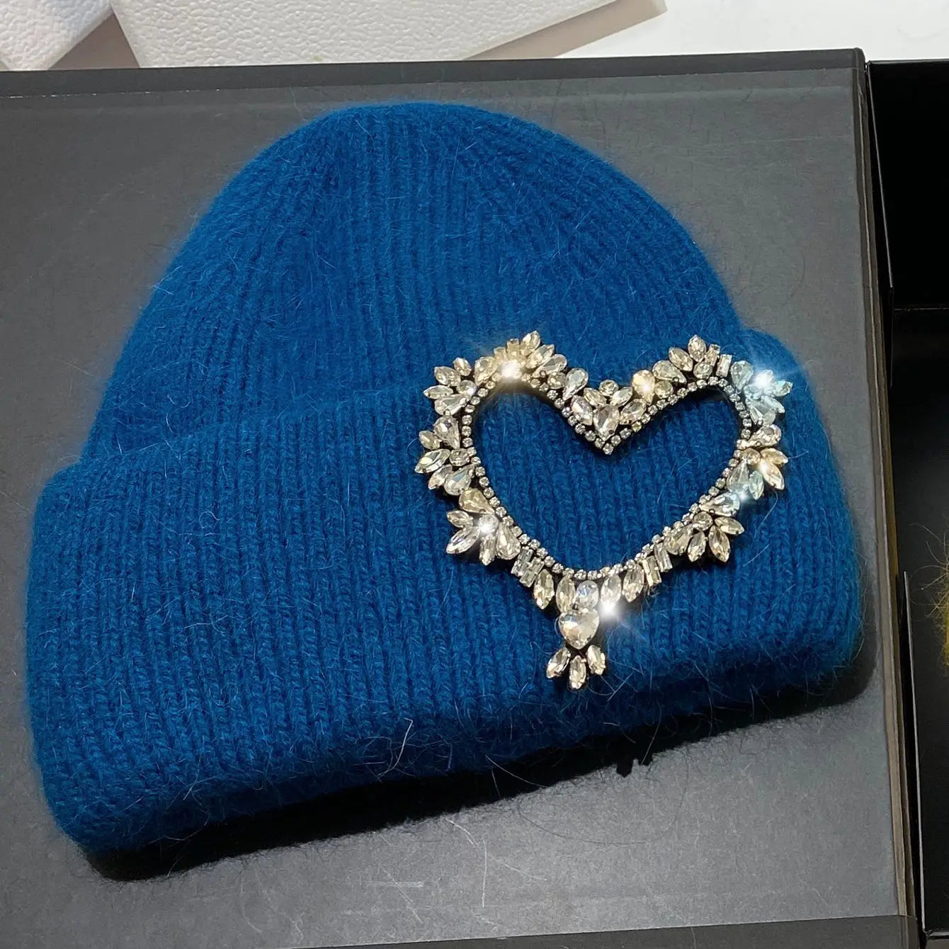 Luxury Heart Rhinestone Winter Beanies Women Solid Color Real Rabbit Fur Knitted Hat Lady Fashion Warm Pullover Caps Gifts peacock blue Adult