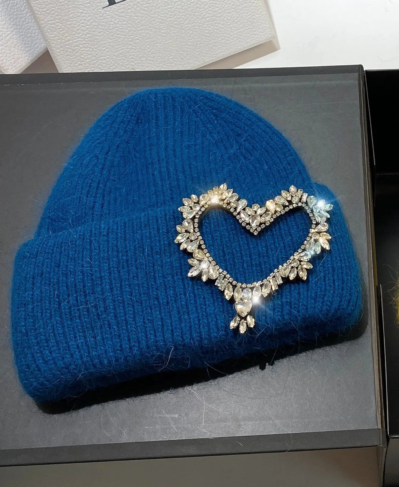 Luxury Heart Rhinestone Winter Beanies Women Solid Color Real Rabbit Fur Knitted Hat Lady Fashion Warm Pullover Caps Gifts peacock blue Adult