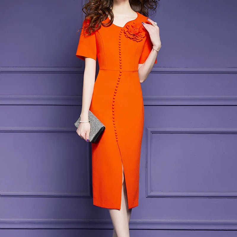 ZJYT Elegant Summer Dresses for Women 2024 Luxury Buttons 3D Floral Midi Straight Evening Party Dress Short Sleeve Orange Robe
