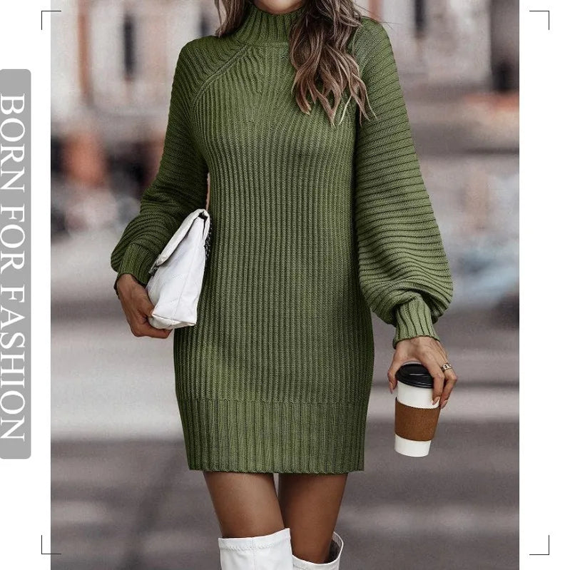 Vintage Winter Knitted Dress Ladies Chic Turtleneck Lantern Long Sleeve Mini Sweater Dresses for Women Clothes