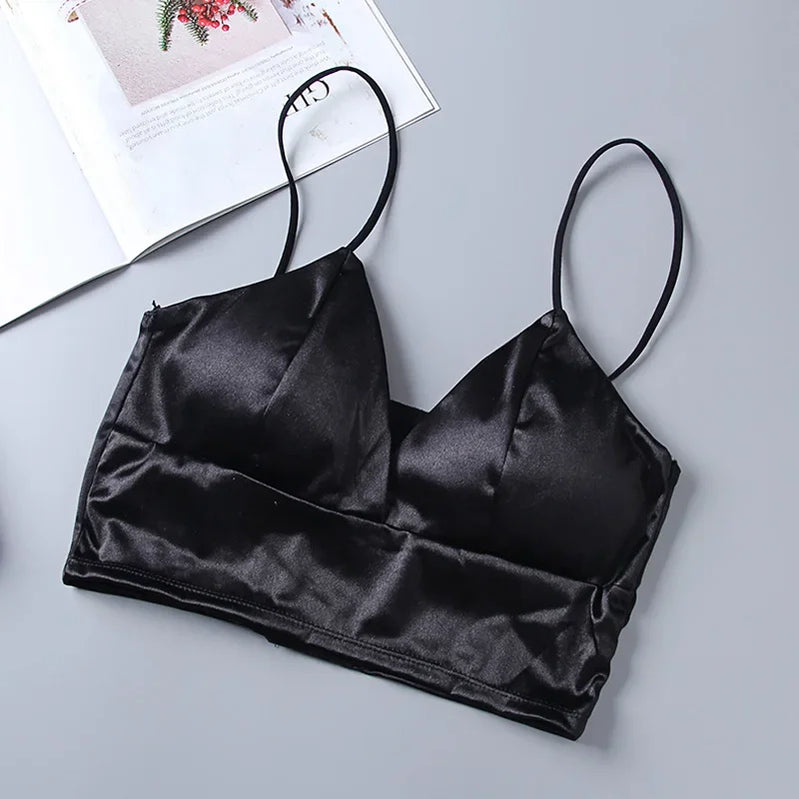 Sexy Satin Crop Tops Women Wireless Bralette Crochet Top Female Spaghetti Strap T-shirt Cropped With Chest Padded Camisole Black One Size