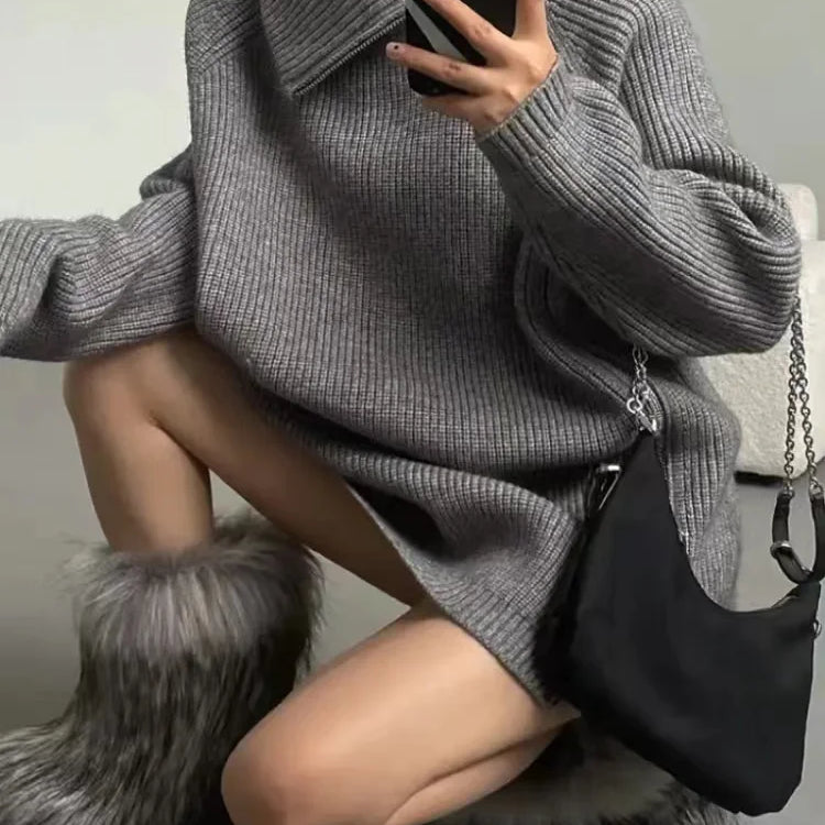 2023 Winter Women's Turtleneck Zipper Oversize Fashion Sweaters Autumn New Knitwears Loose Thick Warm High Neck Solid Pullovers Gray MY38