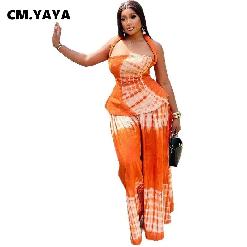 CM.YAYA Fashion Tie Dye Printed Women's Set Halter Neck Crop Top and Loose Wide Leg Pants 2025 Two 2 Piece Sets Outfit Tracksuit