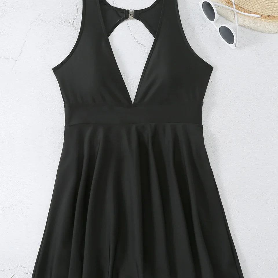 Deep V Neck Swimsuit Women One Piece Backless Swimwear Solid Beach Skirt Summer Female Bathers Bathing Swimming Bodysuit s1Black