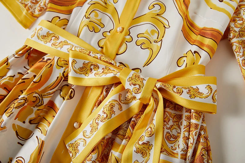 Summer Holiday Yellow Paisley Print Shirt Dresses Women's Turn Down Neck Short Sleeve Belt High Waist Beach Party Vestidos