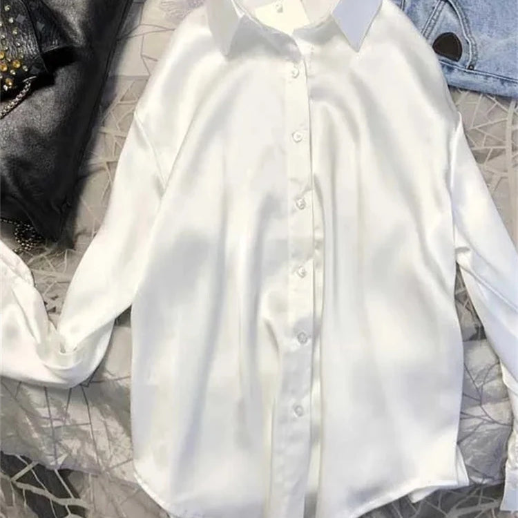 Casual Office Lady Silk Blouses Autumn Long Sleeve Button Up Shirt Women Elegant Winter Tops Office Lady Acetate Blouse