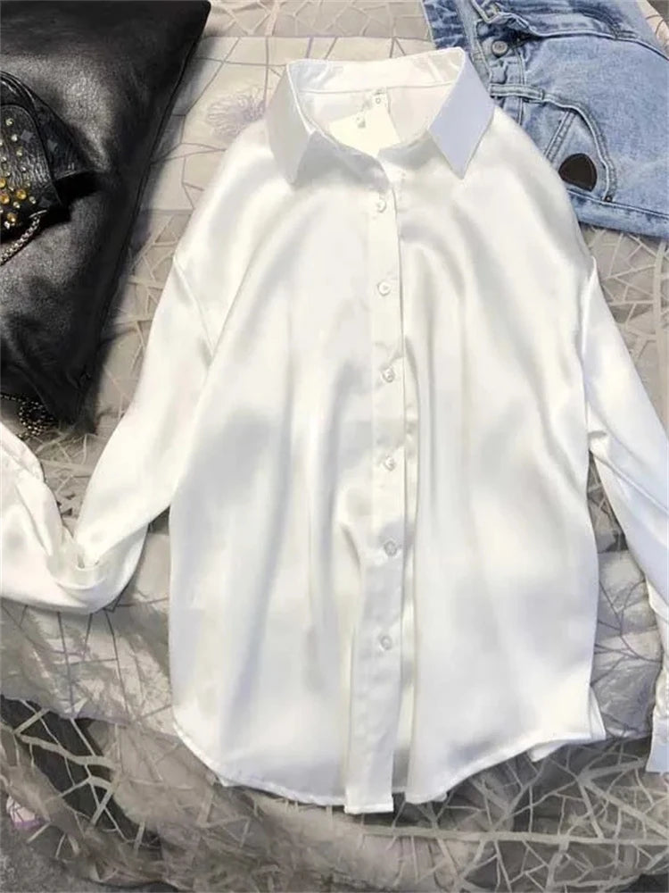 Casual Office Lady Silk Blouses Autumn Long Sleeve Button Up Shirt Women Elegant Winter Tops Office Lady Acetate Blouse