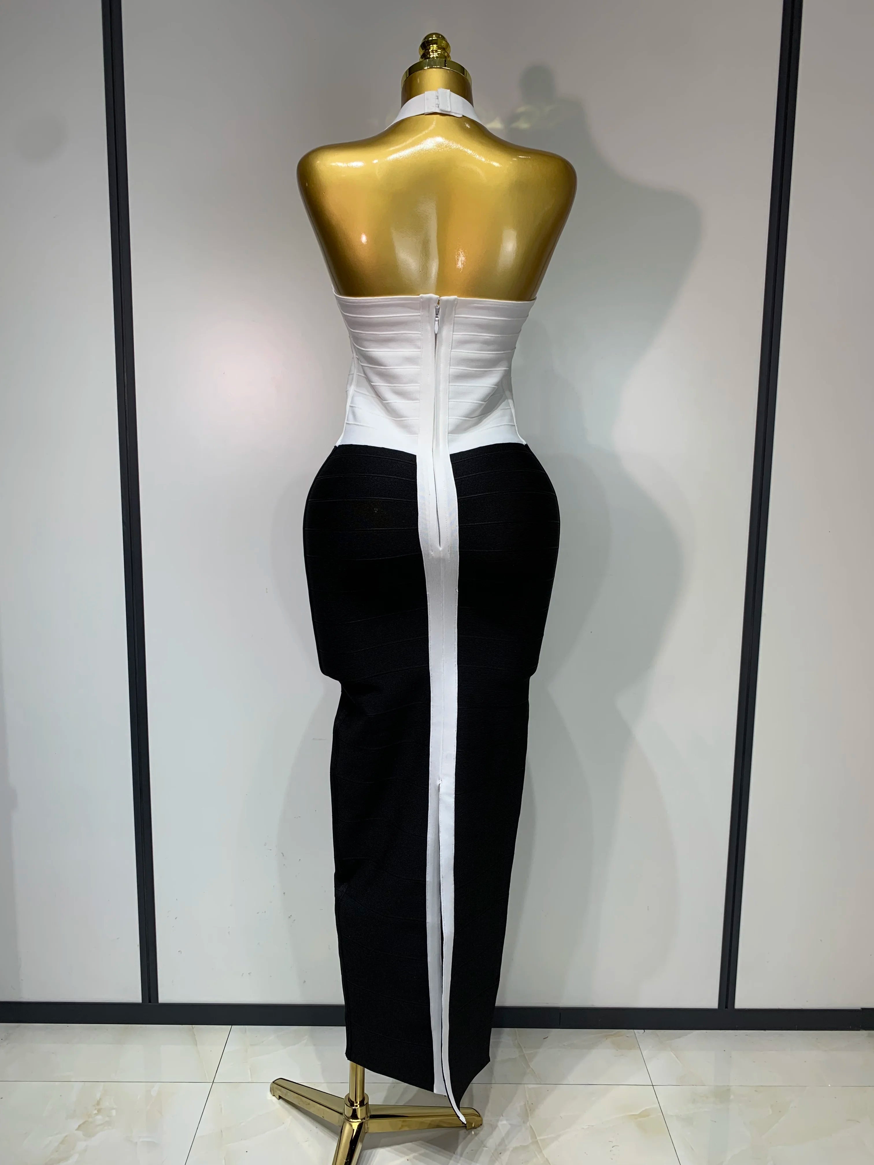 Women Sexy Halter Whiter Black Patchwork Bodycon Bandage Dress Celebrity Elegant Evening Party Club Luxury Birthday Dresses