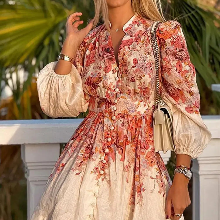 Women Elegant Printed V Neck Mini Dress Female Long Sleeve High Waist A-line Bodycorn Vestidos Spring Lady Party Club Robes