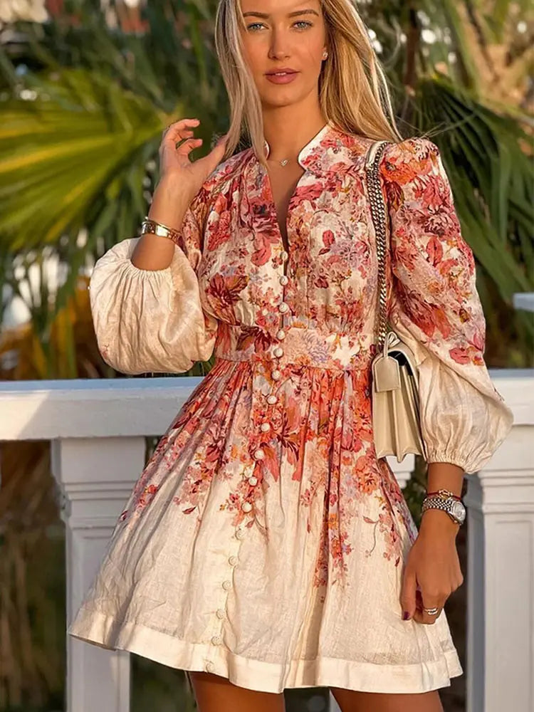 Women Elegant Printed V Neck Mini Dress Female Long Sleeve High Waist A-line Bodycorn Vestidos Spring Lady Party Club Robes