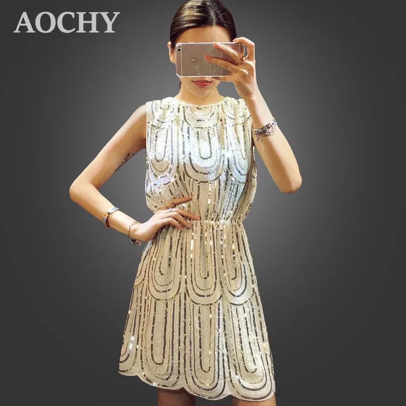 Sequins Mini Dress For Women Casual Style Tank O-Neck Women Dresses Sleeveless Party Dress