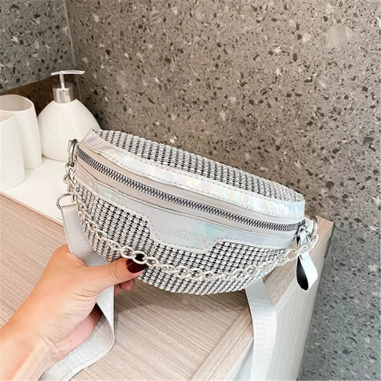 Personalized Small Waist Bags For Women Stylish Commuter Sequined Handbags Shoulder Strap Bag Lightweight Casual Shoulder Bag Silver