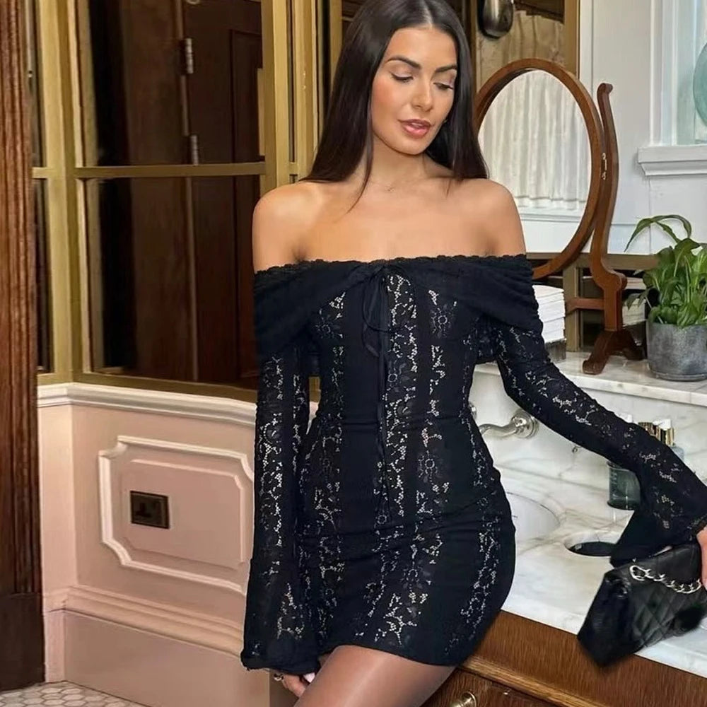Suninheart Lace Slim Mini Dress for Women Off The Shoulder Sexy Long Sleeves Club Party Dresses Bodycon Elegant Autumn Dress