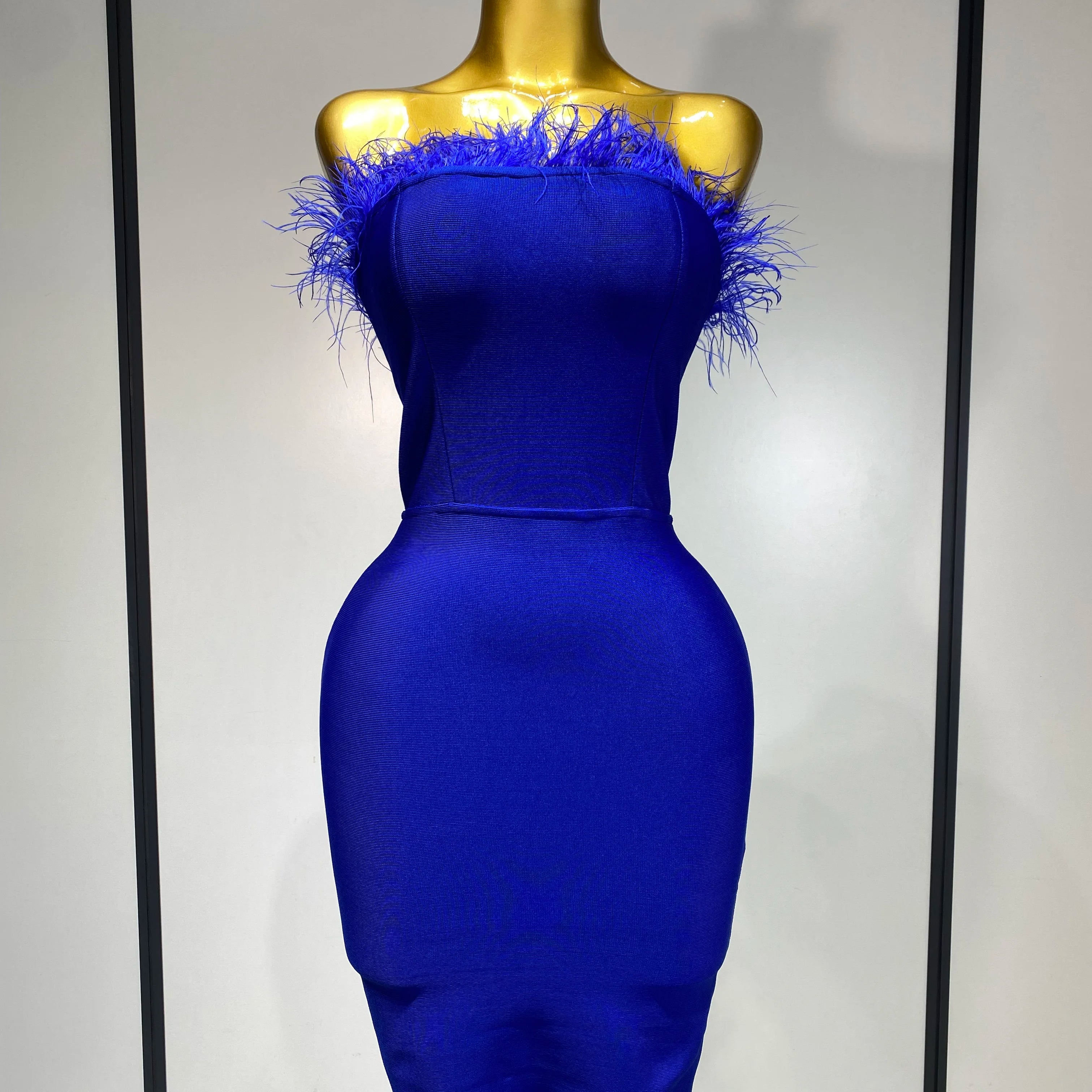Women Sexy Backless Yellow Bodycon Bandage Dress Strapless Celebirty Elegant Feather Dresses Luxury Birthday Club Party Outfit