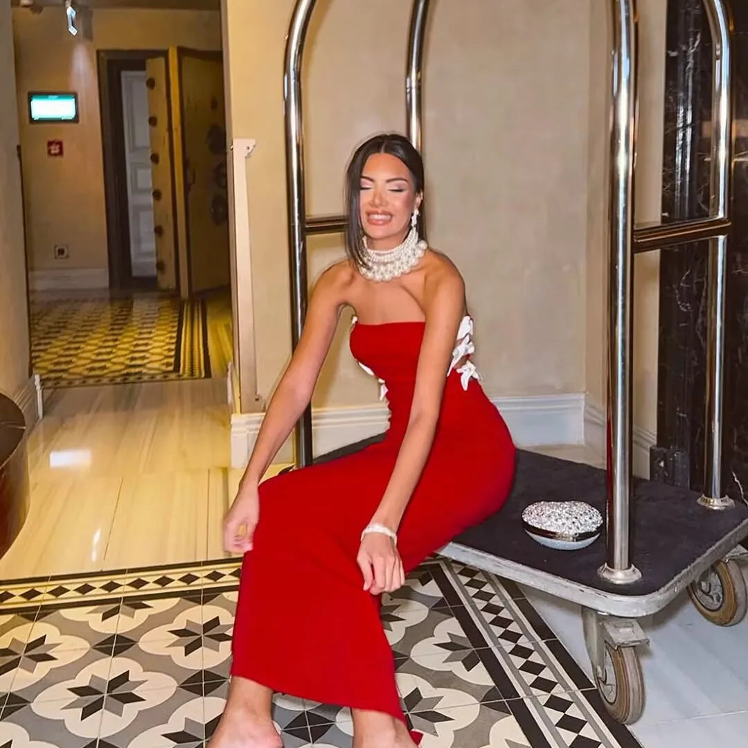 Red Black Women Sexy Off the Shoulder Bow Bodycon Bandage Long Dress Fashion Celebrate Evening Party Nightclub Wear