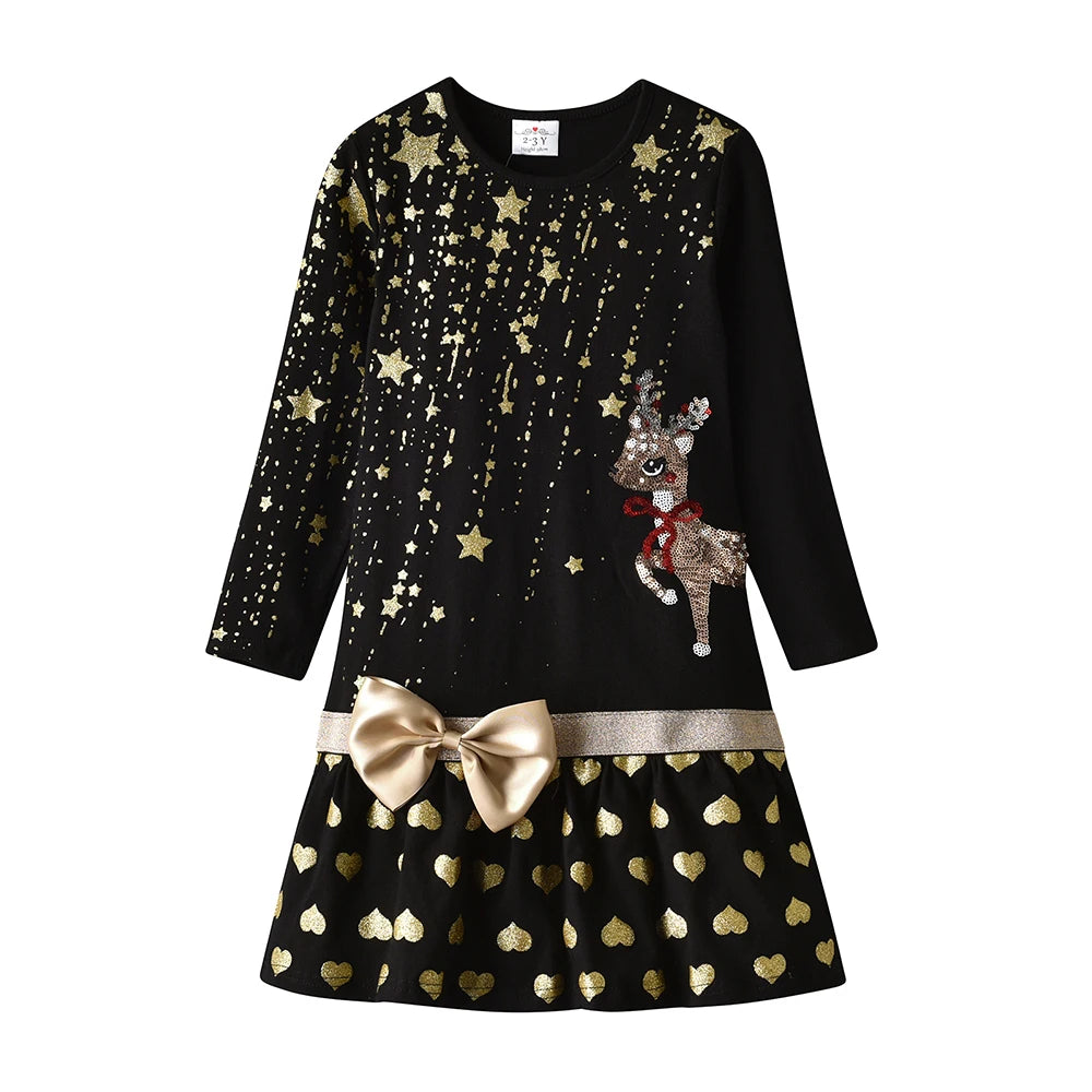 DXTON 2024 Christmas Girls Dress With Bow Star Sequin Children New Year Party Clothes Patchwork Cotton Winter Kids Baby Dresses LH3664