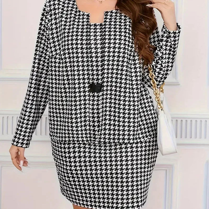 Plus Size Houndstooth Plaid Autumn 2 Two Piece Set Women Long Sleeve Ladies Cropped Coats Sleeveless Slip Modis Woman Mini Dress