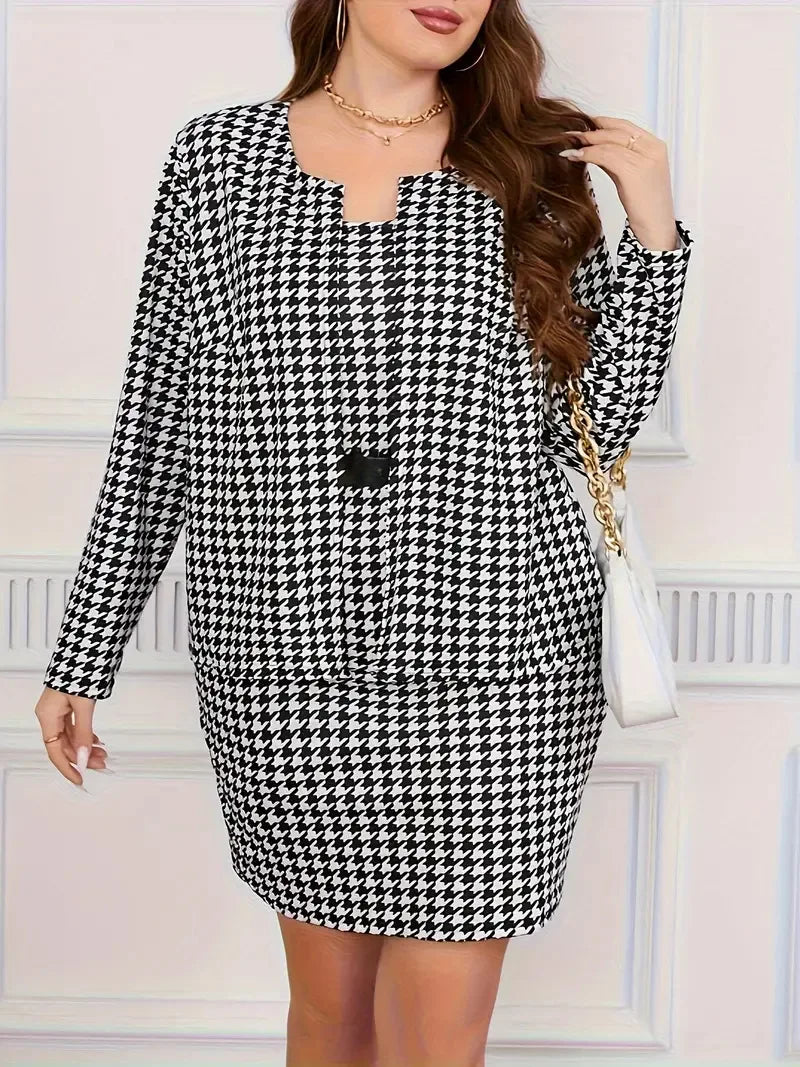 Plus Size Houndstooth Plaid Autumn 2 Two Piece Set Women Long Sleeve Ladies Cropped Coats Sleeveless Slip Modis Woman Mini Dress