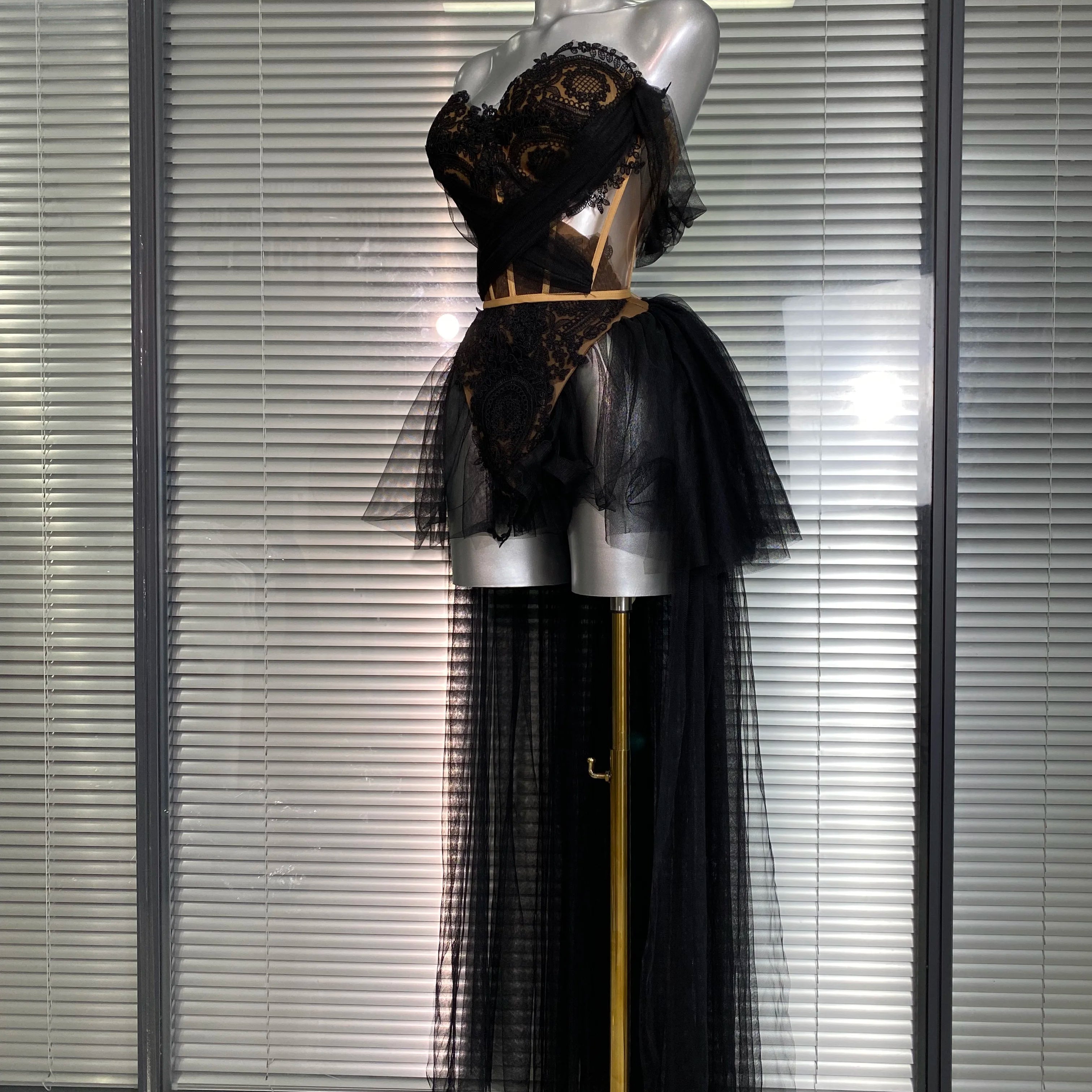 Summer New 2025 INS Sexy Two Pieces Set Women Celebrity Adjustable Laced Black Skirt Suits Stage Costume