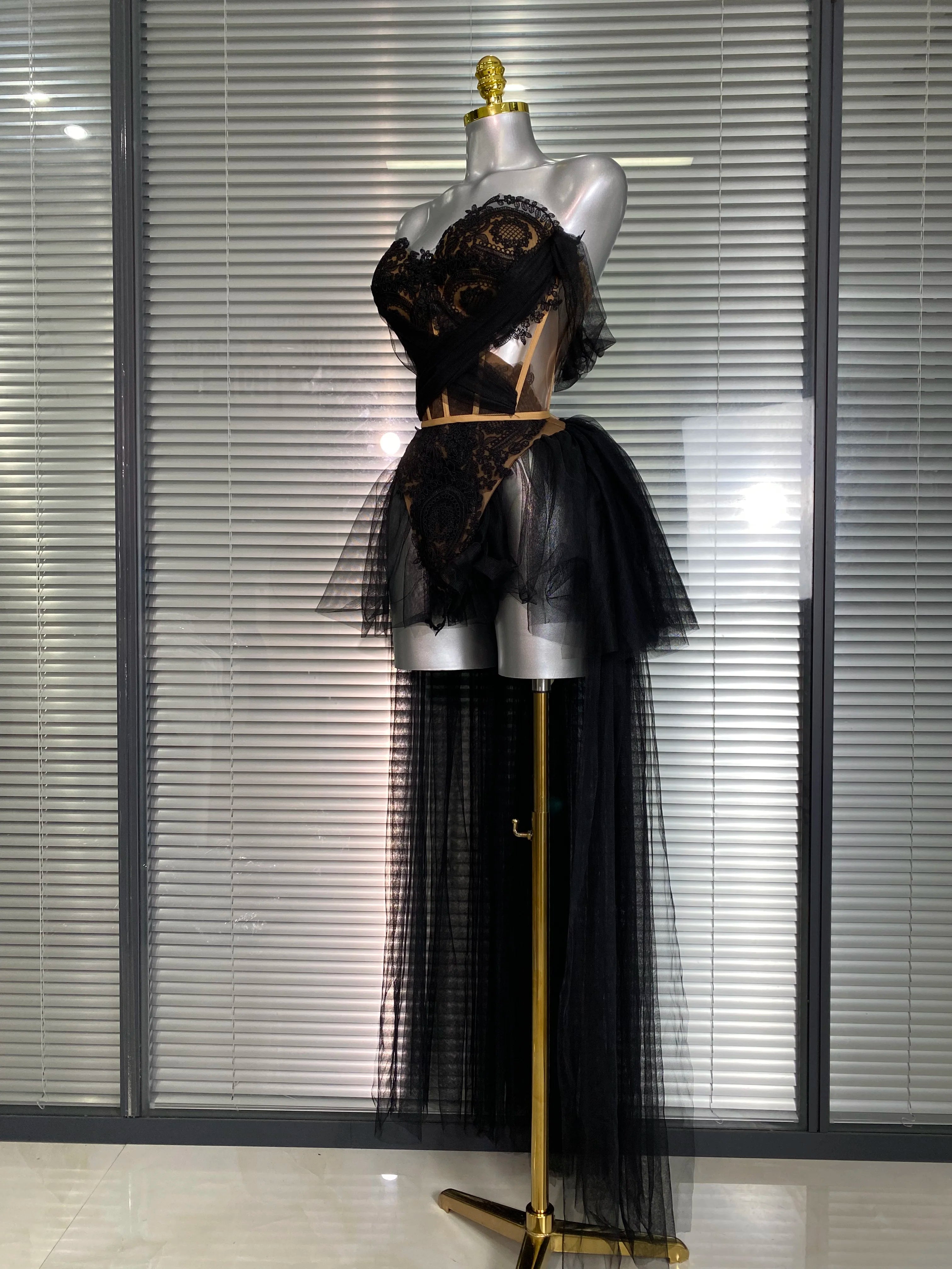 Summer New 2025 INS Sexy Two Pieces Set Women Celebrity Adjustable Laced Black Skirt Suits Stage Costume