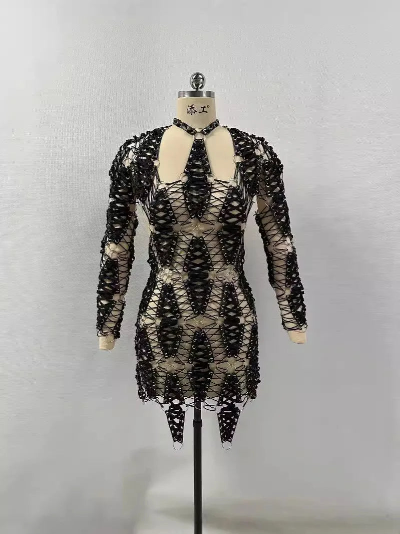 Black Color Women Sexy Halter Off the Shoulder Backless Knit Bodycon Mini Dress Celebrate Performance Costume Stage Wear