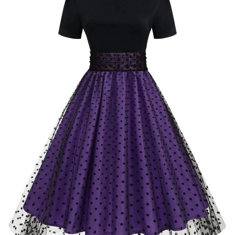 Tonval Round Neck Ruched High Waist Vintage Dot Mesh Overlay Pleated Dress Women Short Sleeve Evening Elegant Party Midi Dresses