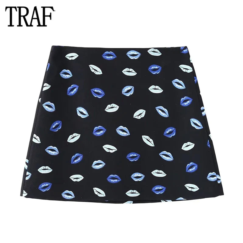 TRAF  Print Mini Skirts for Women High Waist Pleated Skirt Women Contrast Short Women's Skirts Streetwear Retro Skort Women