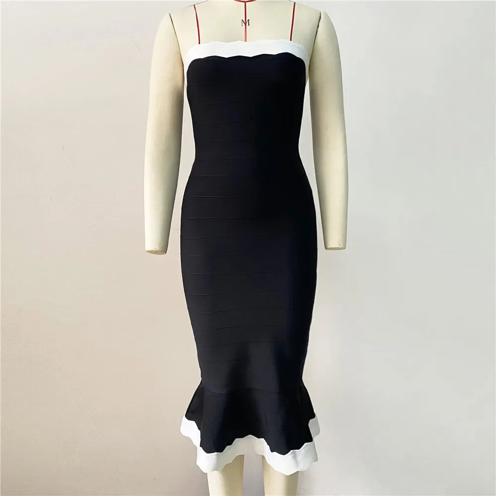 Black Color Women Sleeveless Sexy Strapless Bodycon Mermaid Bandage Mid-calf Dress Nightclub Party Birthday Cocktail Dress