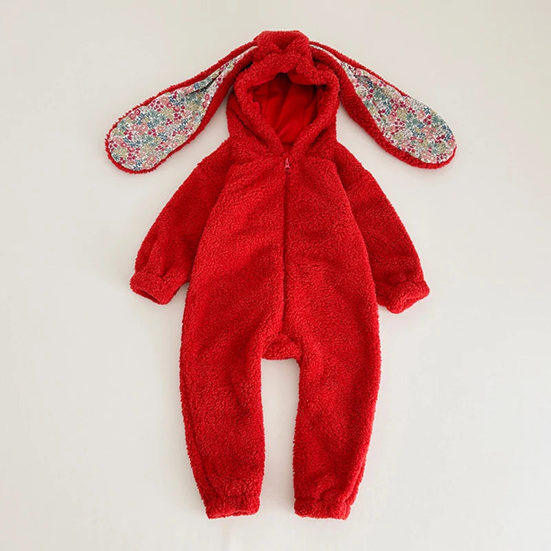 Autumn Winter Baby Girls Boys Rabbit Romper Slouchy Zipper Newborn Jumpsuit Hooded Pajamas Baby Boys Plush Homewear Outfits red