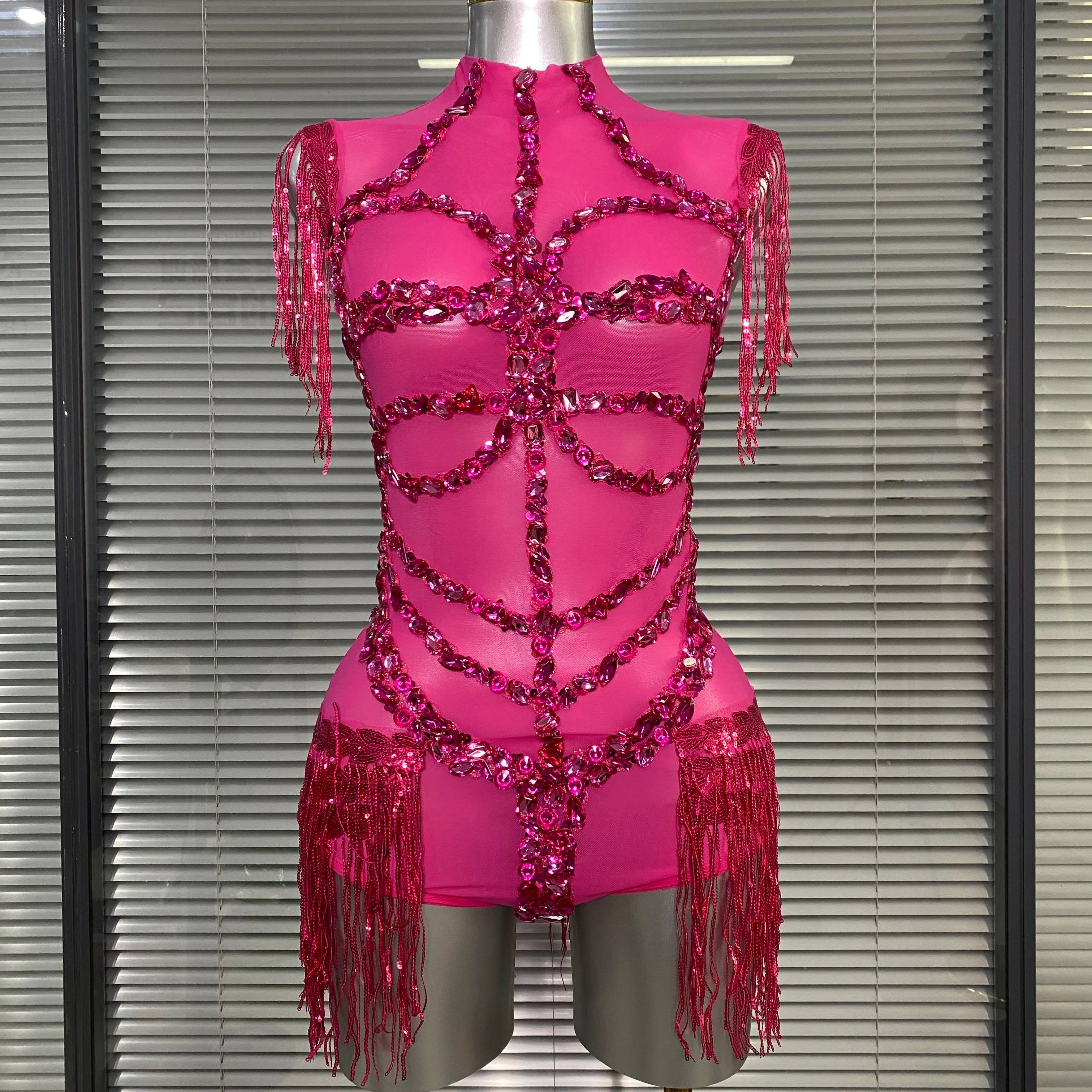 Summer New Women Sexy Black Tassel Crystal Diamonds Stretchy Night Club See Through Singer Dancer Stage Costume Party Bodysuit