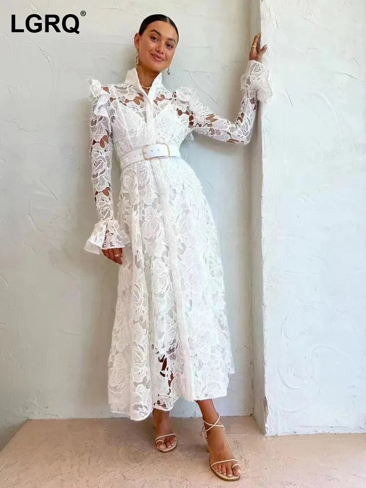 LGRQ Elegant High Quality Lace Embroidery Pattern Design Women's Dresses Evening Belt New Hollow Out Luxury Fashion 19F1371