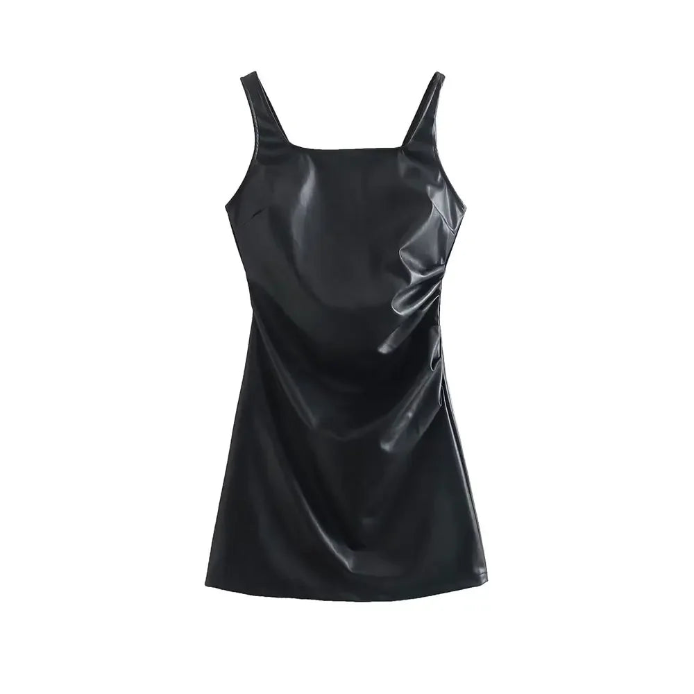 Women Fashion Black PU Leather Mini Slip Dress Vintage Square Collar Back Zipper Sleeveless Female Chic Lady Dresses Black