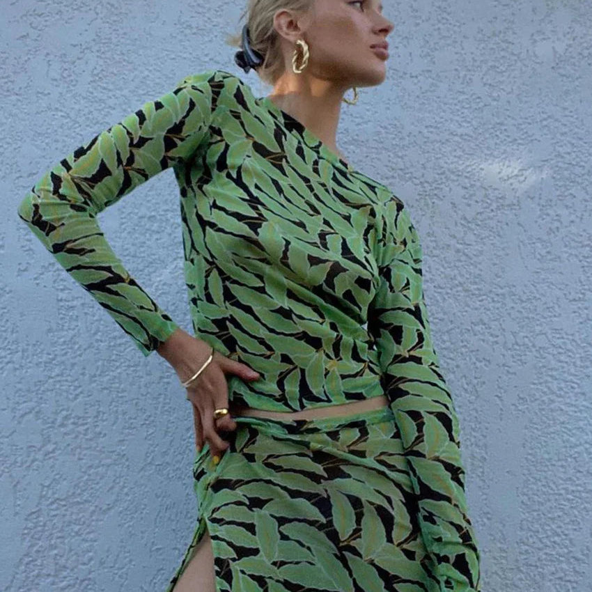 Clacive Bodycon Print Women's Dress Fashion Slim O-Neck Long Sleeve Mini Dress Elegant Classic Slit Party Dresses Female