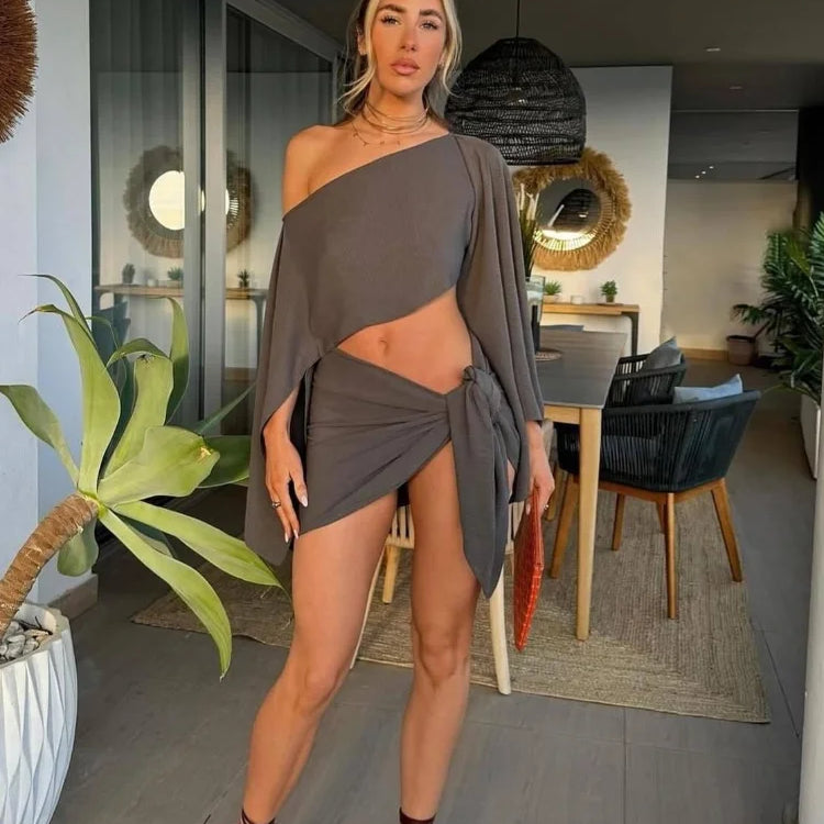 Women Cotton Linen Long Pagoda Sleeve Crop Top 2 Piece Set One Piece Twisted Knot Mini Skirt Suit Summer Lady Highstreet Outfits